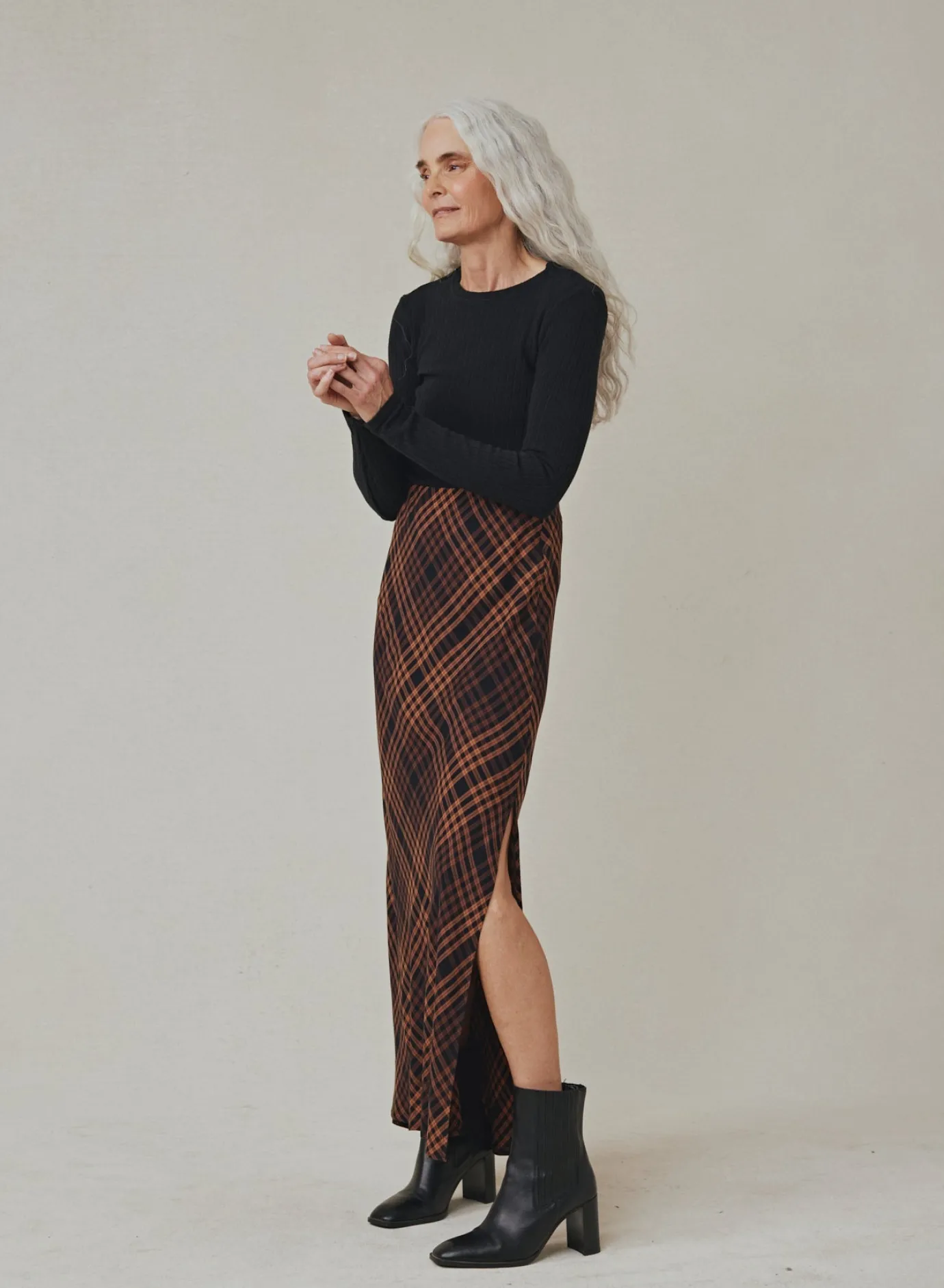 Bella Dahl Side Slit Bias Maxi Skirt - Autumn Ember Plaid- Skirts