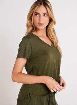 Bella Dahl Side Slit V-Neck Tee - Italian Herb- Essentials Tops