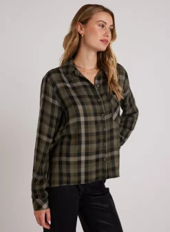 Bella Dahl Slouchy Pocket Button Down - Olive Plaid- Button Down