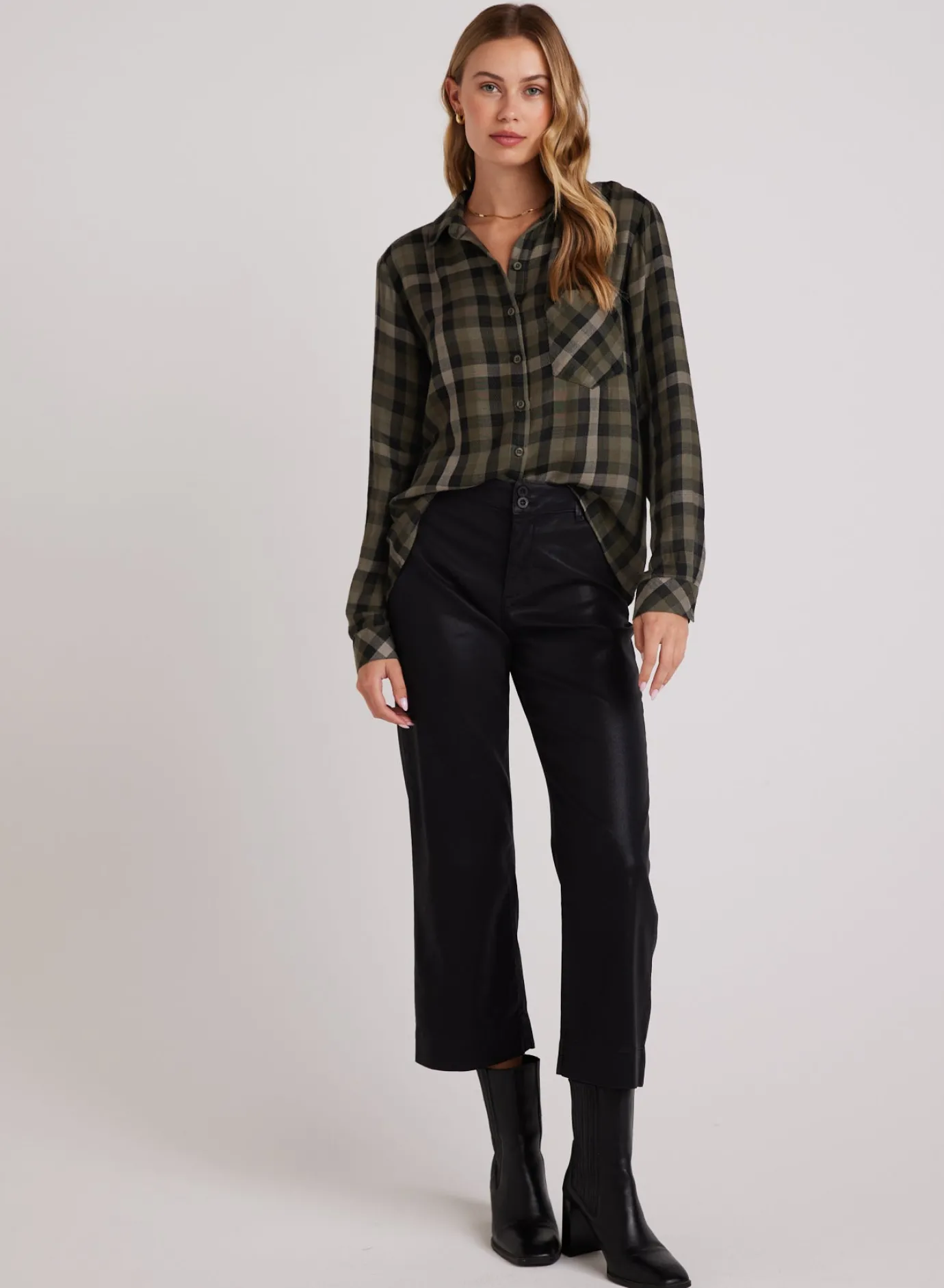Bella Dahl Slouchy Pocket Button Down - Olive Plaid- Long Sleeve