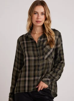 Bella Dahl Slouchy Pocket Button Down - Olive Plaid- Long Sleeve