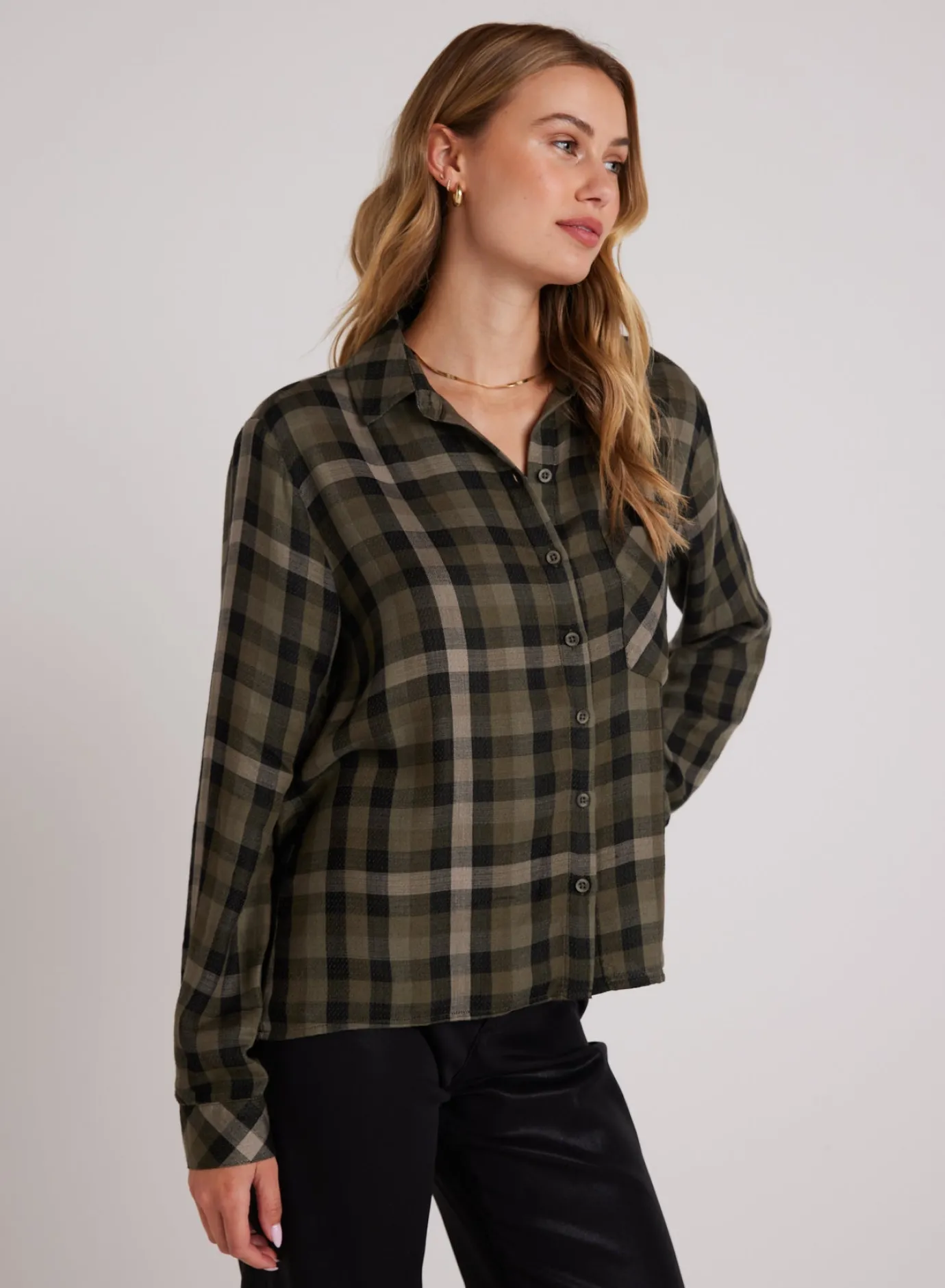 Bella Dahl Slouchy Pocket Button Down - Olive Plaid- Long Sleeve