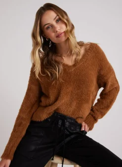 Bella Dahl Slouchy V-Neck Fuzzy Sweater - Twilight Gold- Sweaters