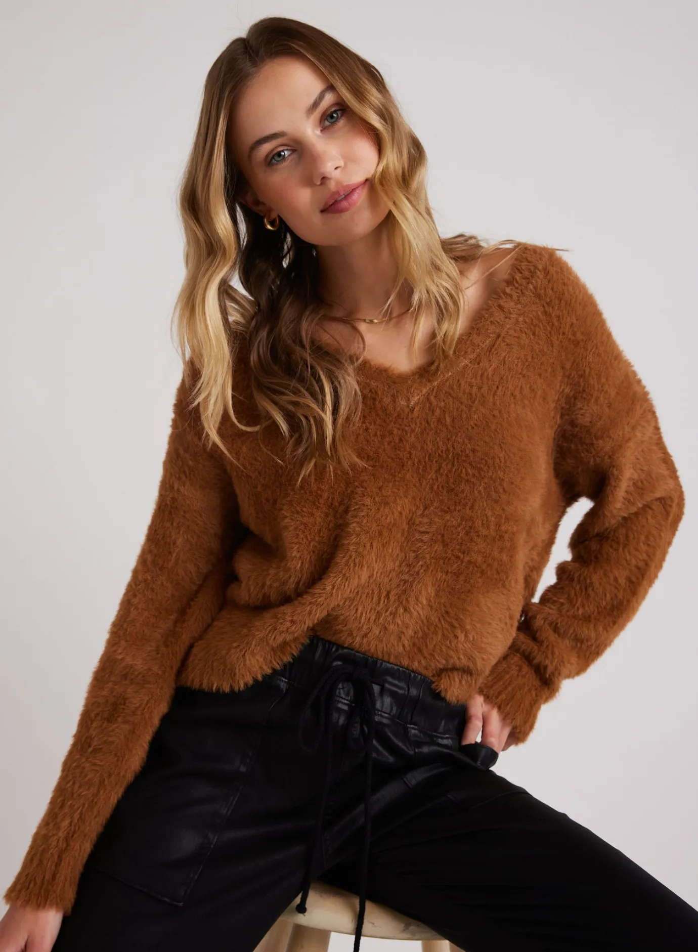 Bella Dahl Slouchy V-Neck Fuzzy Sweater - Twilight Gold- Sweaters
