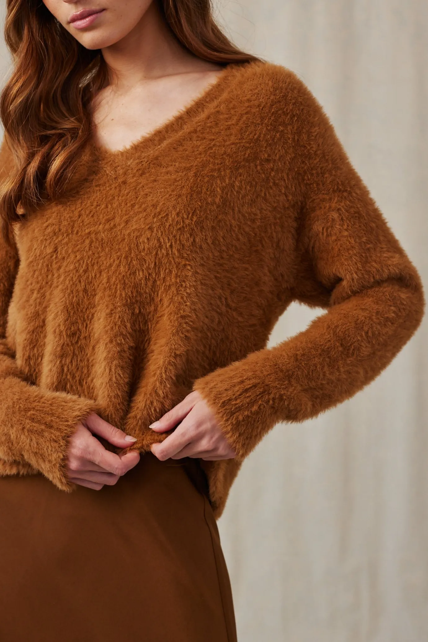 Bella Dahl Slouchy V-Neck Fuzzy Sweater - Twilight Gold- Sweaters