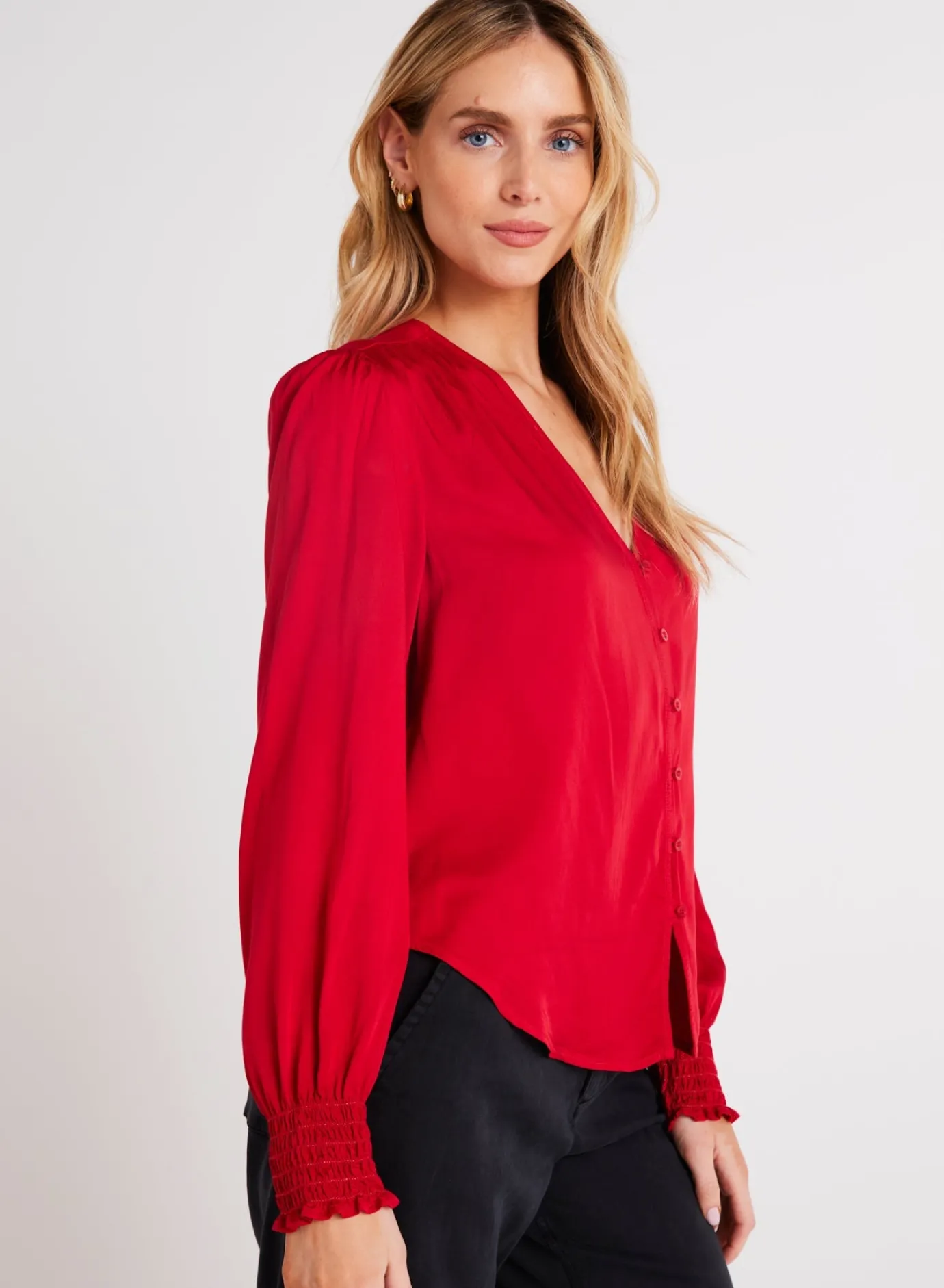 Bella Dahl Smocked Cuff Button Down - Cherry Red- Essentials Tops