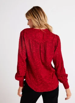 Bella Dahl Smocked Cuff Button Down - Garnet Red- Long Sleeve