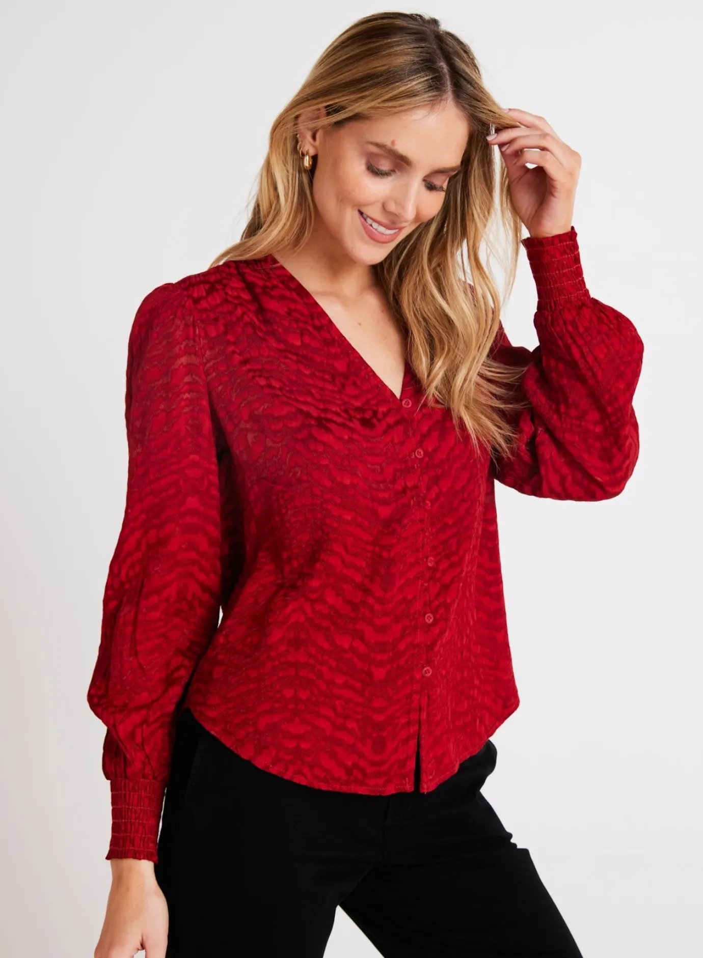 Bella Dahl Smocked Cuff Button Down - Garnet Red- Long Sleeve