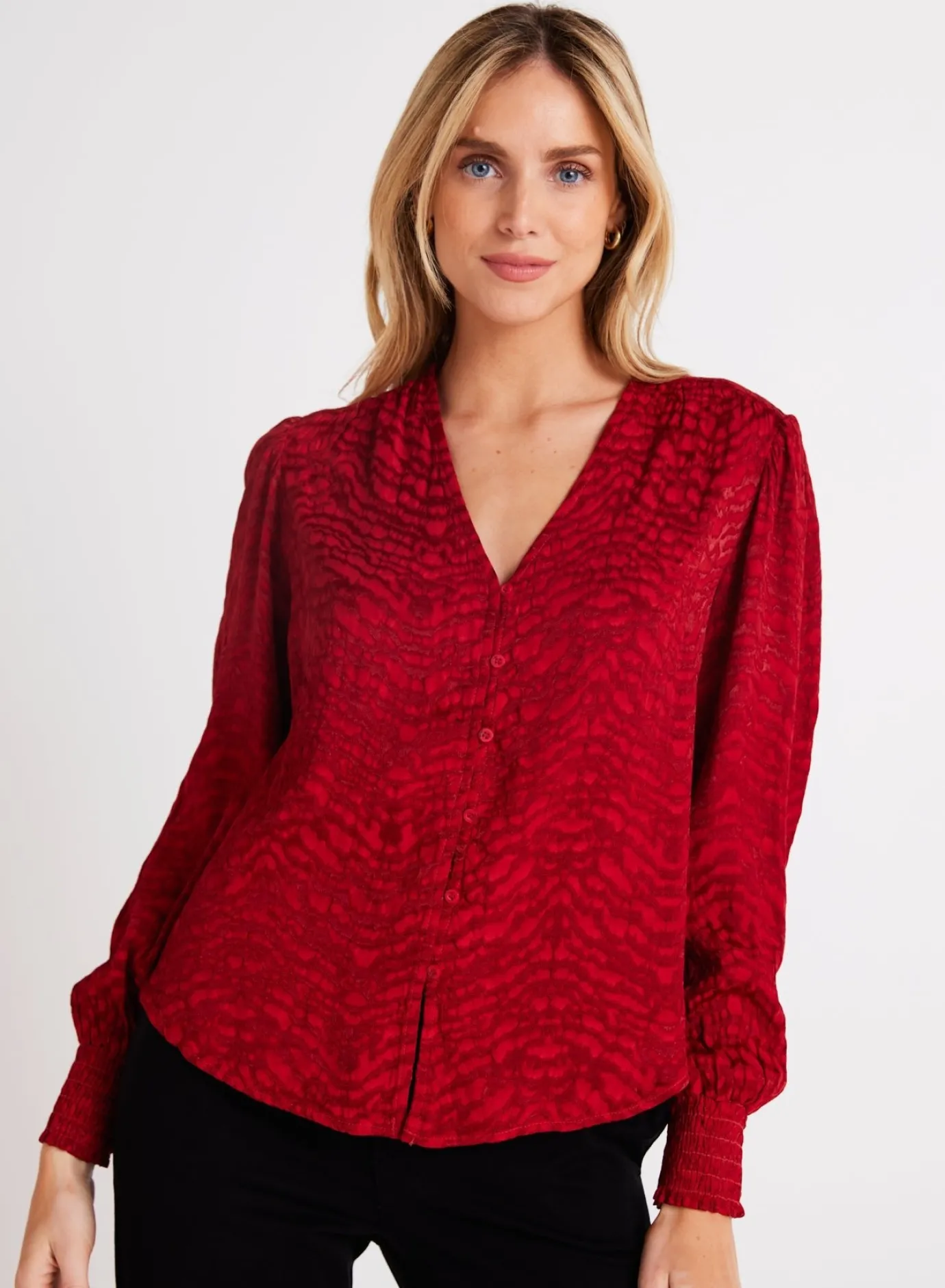 Bella Dahl Smocked Cuff Button Down - Garnet Red- Button Down