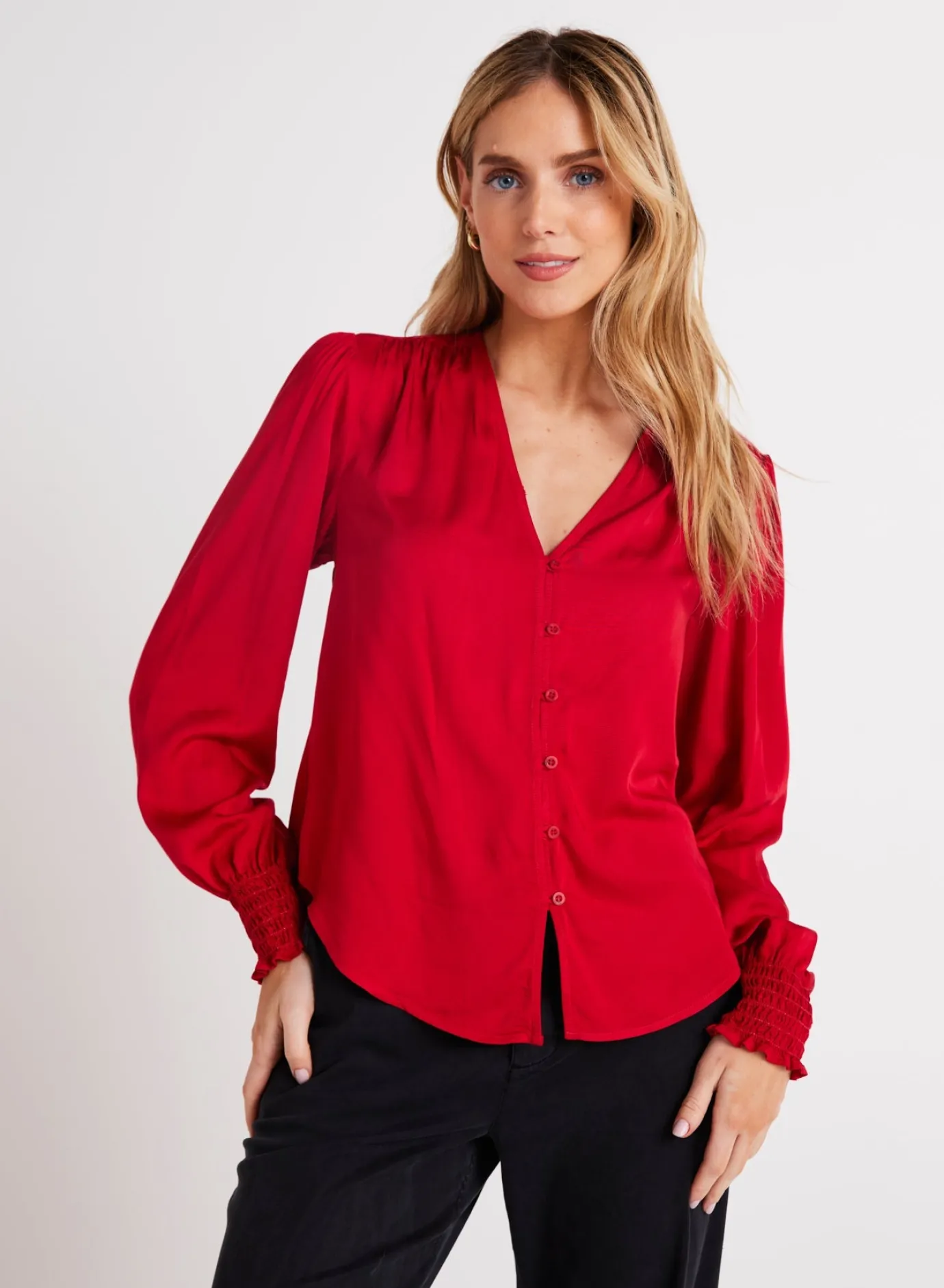 Bella Dahl Smocked Cuff Button Down - Cherry Red- Long Sleeve