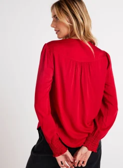 Bella Dahl Smocked Cuff Button Down - Cherry Red- Long Sleeve