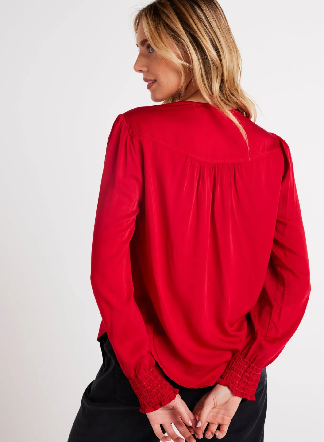 Bella Dahl Smocked Cuff Button Down - Cherry Red- Long Sleeve