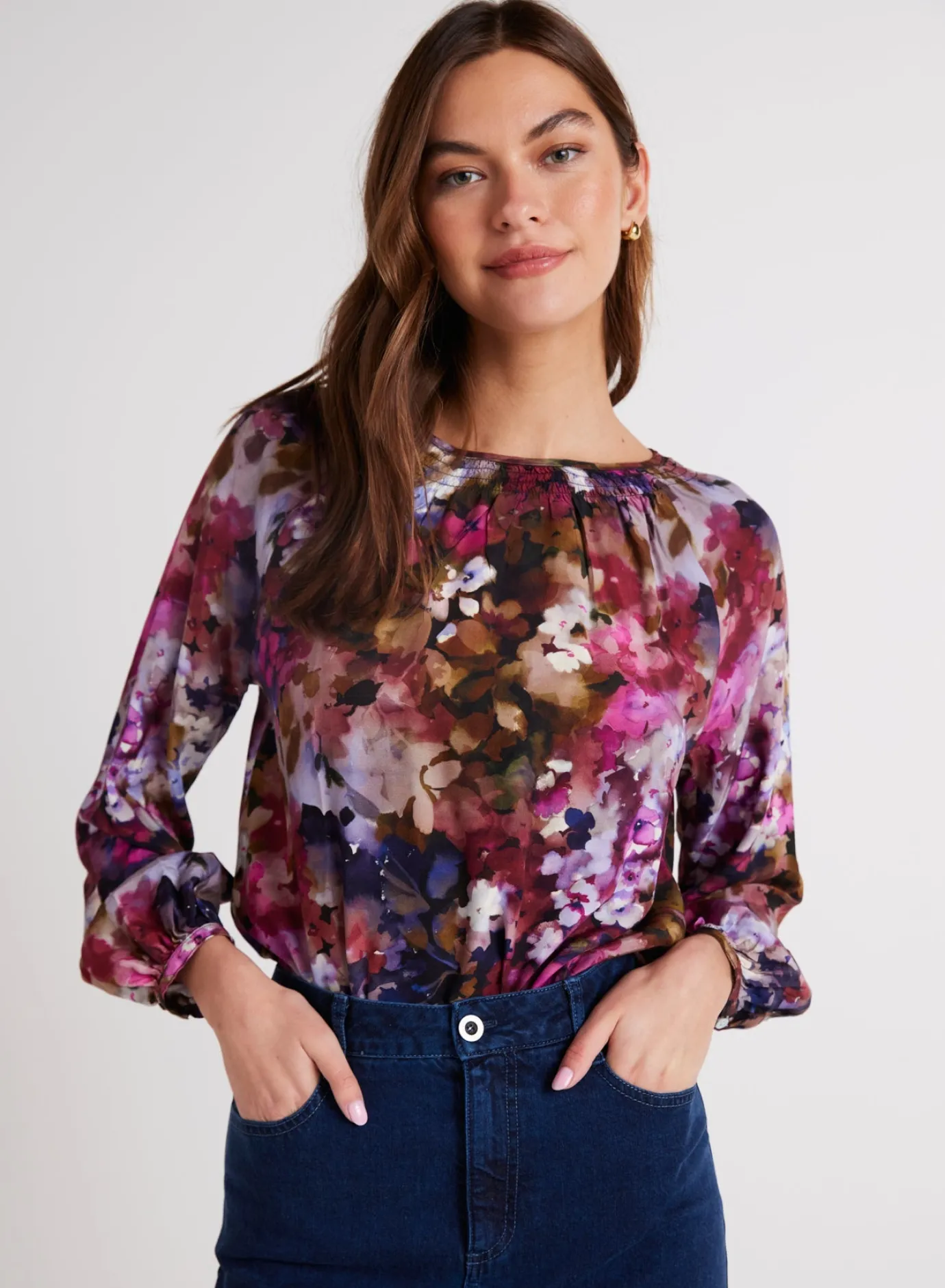 Bella Dahl Smocked Neck Raglan Sleeve Top - Twilight Fleur Print- Long Sleeve
