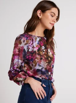 Bella Dahl Smocked Neck Raglan Sleeve Top - Twilight Fleur Print- Long Sleeve