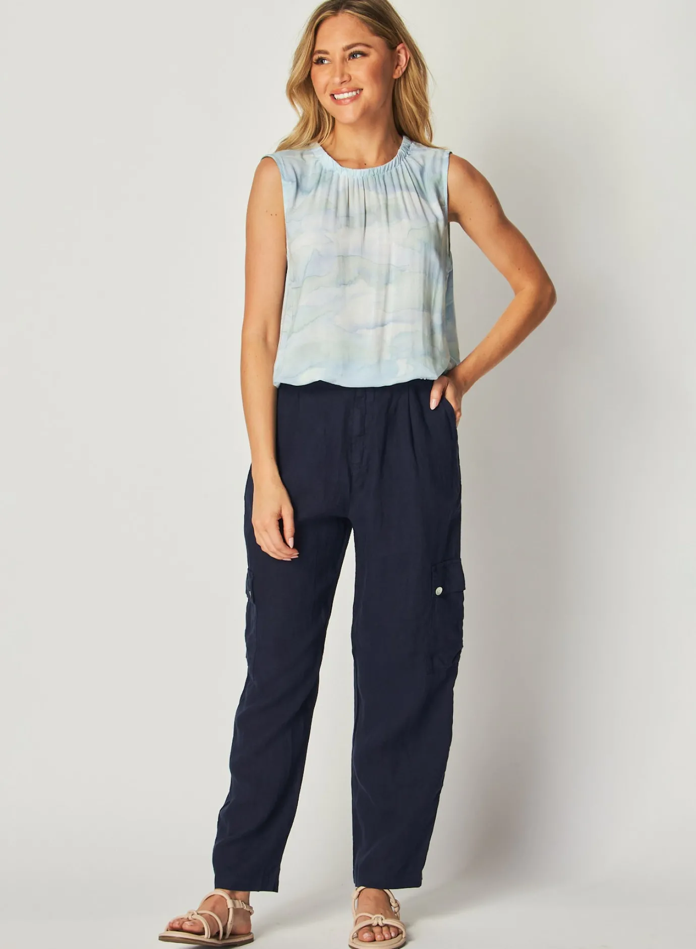 Bella Dahl Smocked Neck Tank - Waves Camo Print- Sleeveless