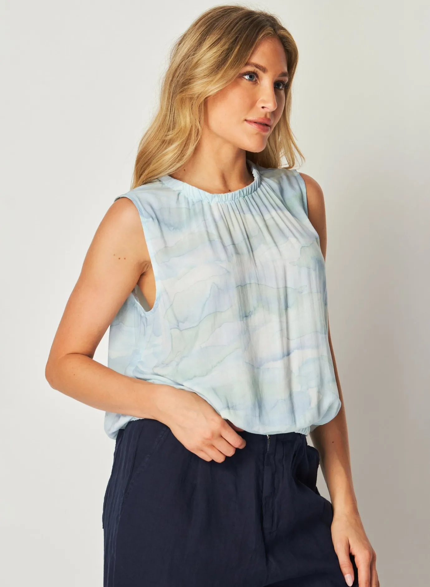 Bella Dahl Smocked Neck Tank - Waves Camo Print- Sleeveless