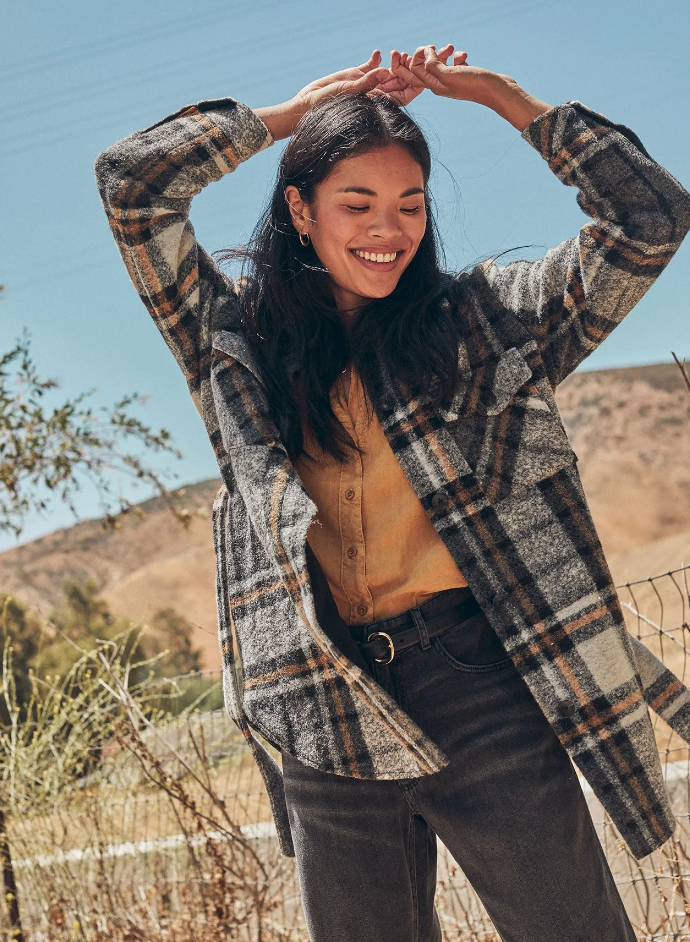 Bella Dahl Topanga Belted Shacket - Golden Honey Plaid- Outerwear
