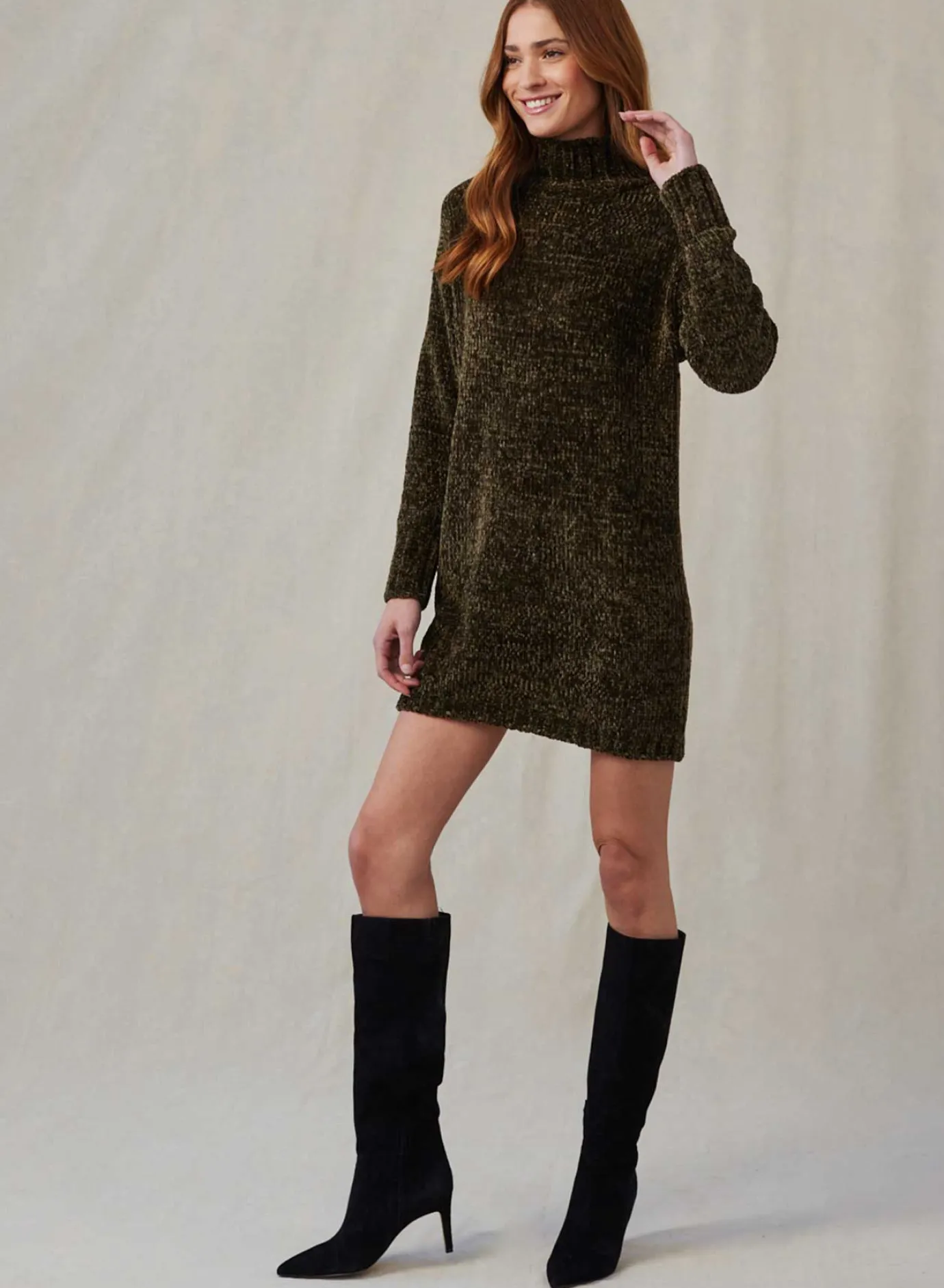 Bella Dahl Turtle Neck Chenille Sweater Dress - Italian Herb- Short Dresses
