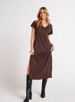 Bella Dahl V-Neck Knit Maxi Dress - Chestnut Brown- Essentials Dresses