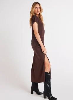 Bella Dahl V-Neck Knit Maxi Dress - Chestnut Brown- Long Dresses