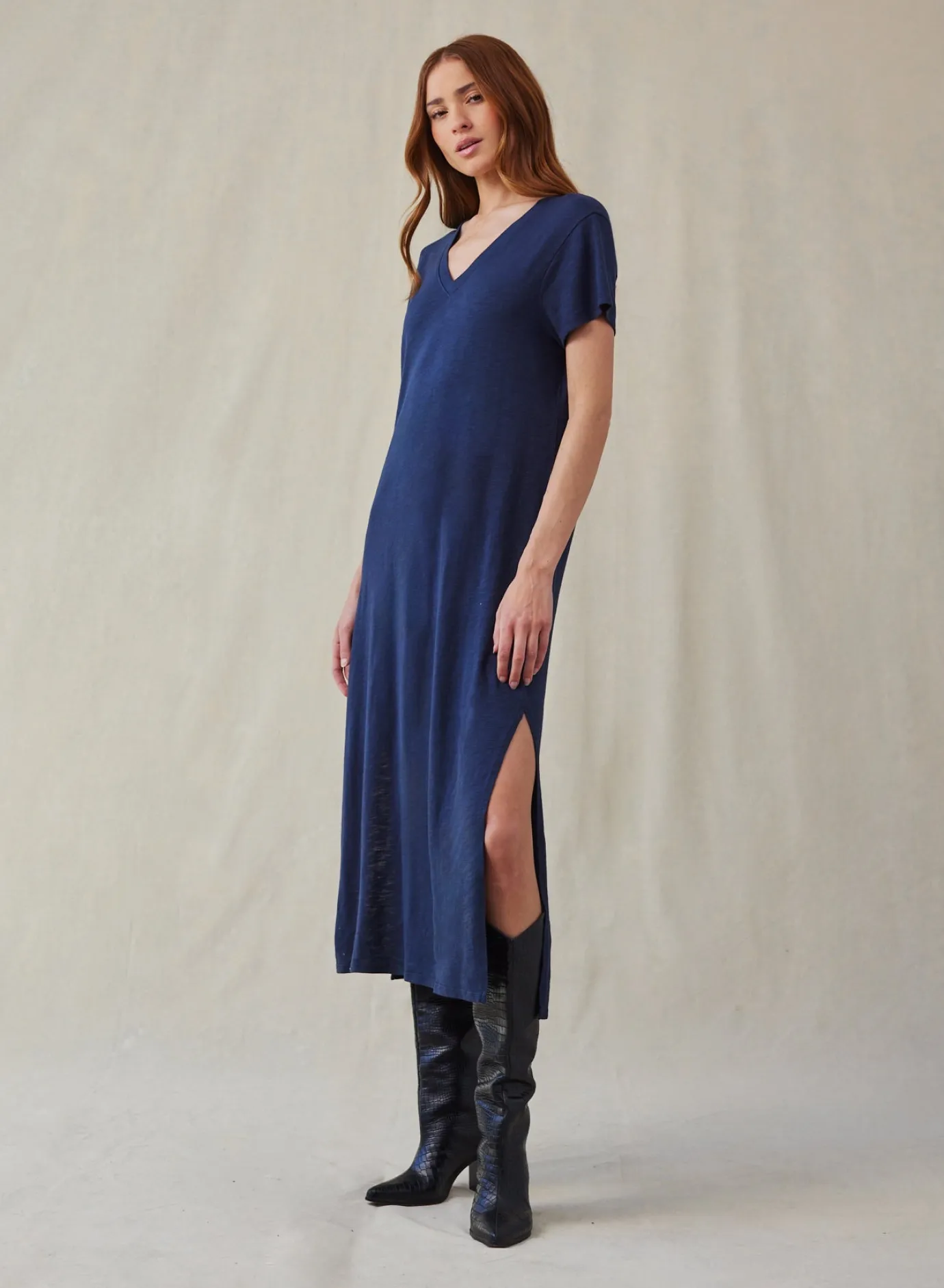 Bella Dahl V-Neck Knit Maxi Dress - Endless Sea- Long Dresses