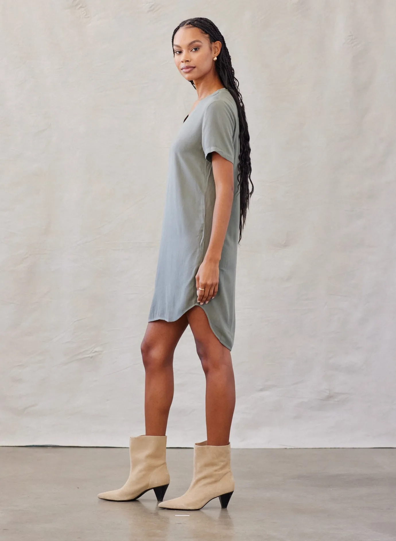 Bella Dahl V-Neck Tee Dress - Soft Army- Essentials Dresses