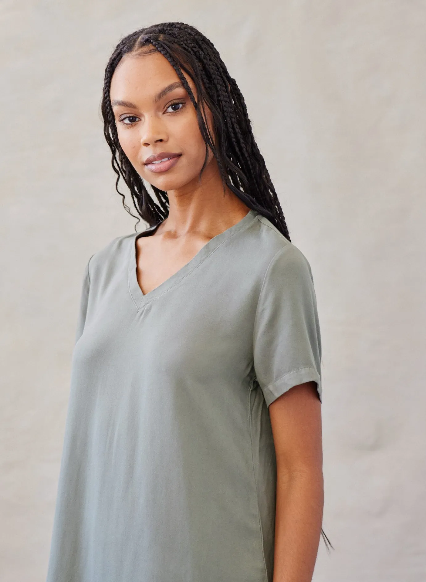 Bella Dahl V-Neck Tee Dress - Soft Army- Essentials Dresses