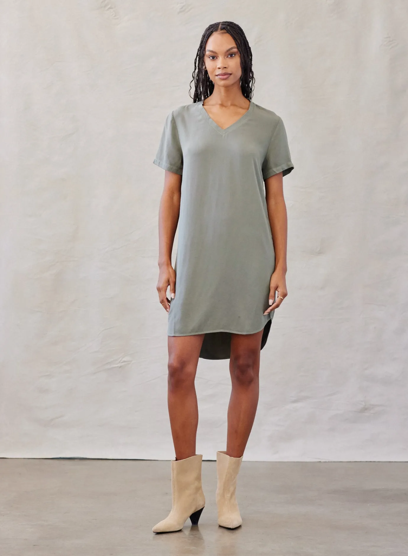 Bella Dahl V-Neck Tee Dress - Soft Army- Essentials Dresses