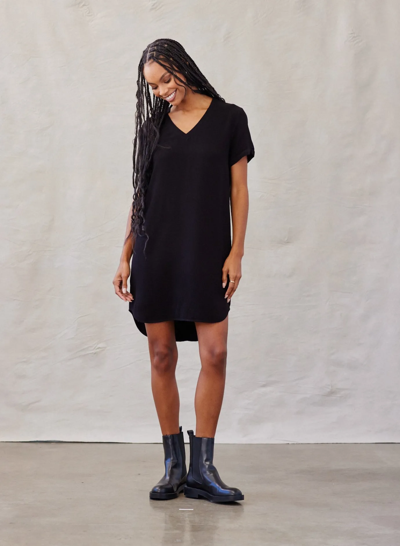 Bella Dahl V-Neck Tee Dress - Vintage Black- Essentials Dresses