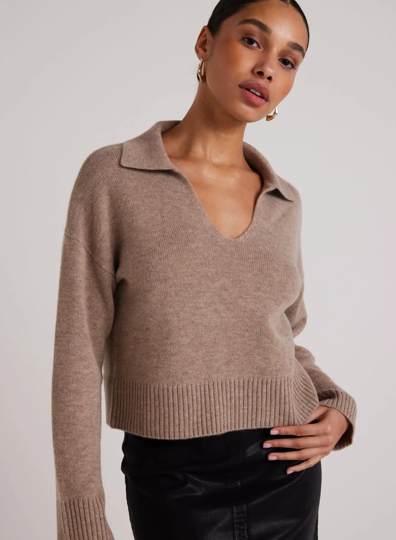 Bella Dahl Wool and Cashmere Blend Collared Sweater - Heather Fawn- Sweaters