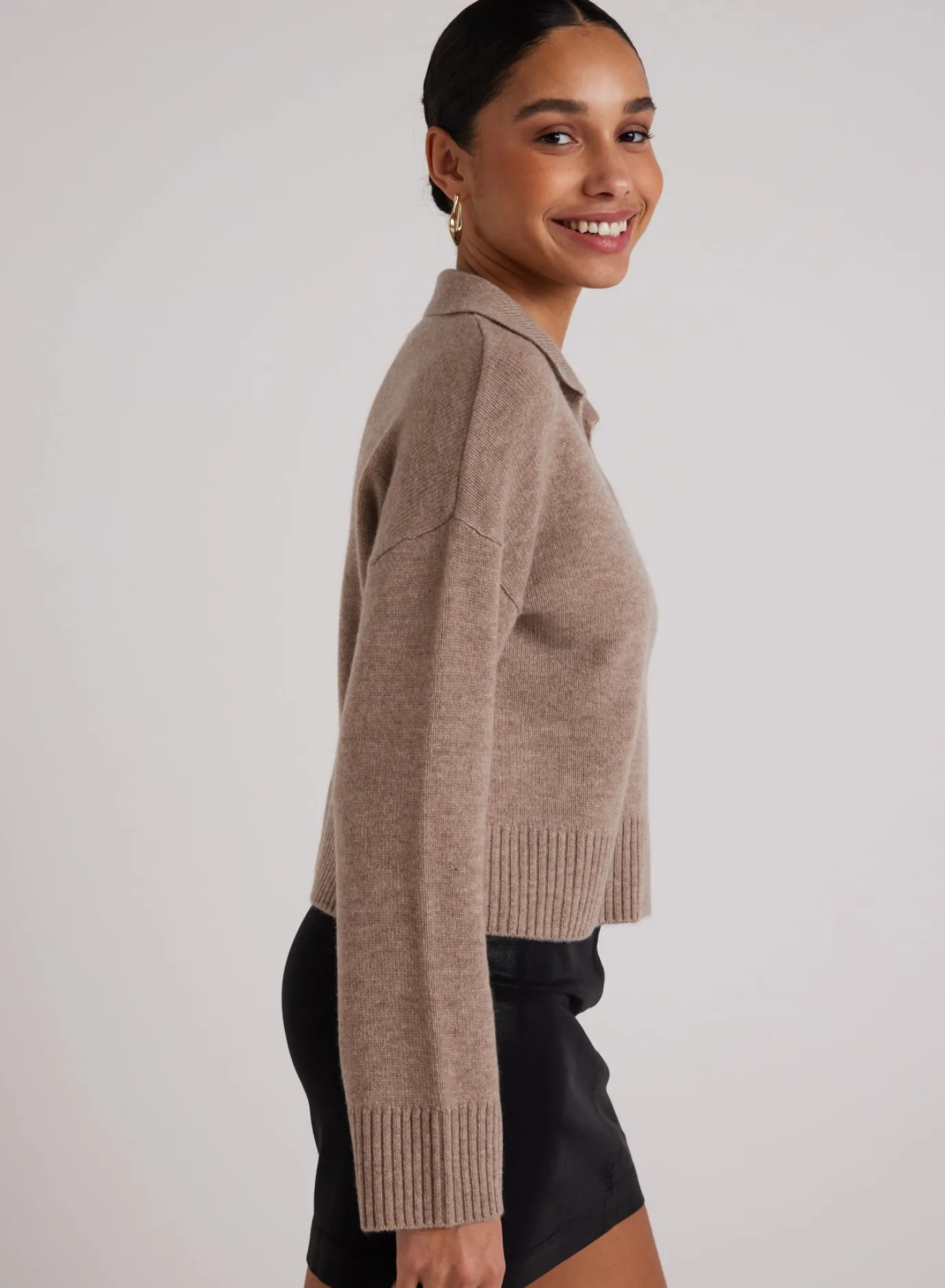 Bella Dahl Wool and Cashmere Blend Collared Sweater - Heather Fawn- Sweaters