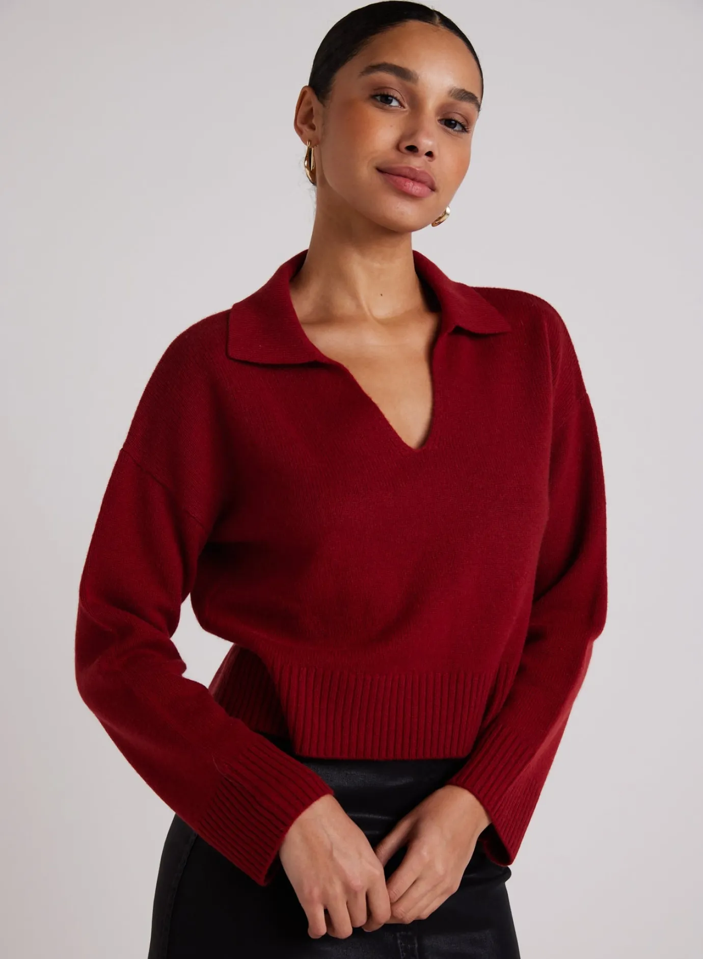 Bella Dahl Wool and Cashmere Blend Collared Sweater - Garnet Red- Sweaters